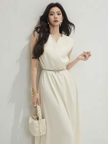 Heiryn Đầm nữ mùa hè kiểu Hàn Quốc mới, đa năng, rộng rãi, thoải mái, thanh lịch, không tay, cổ chữ V. - Màu be - Xem 4