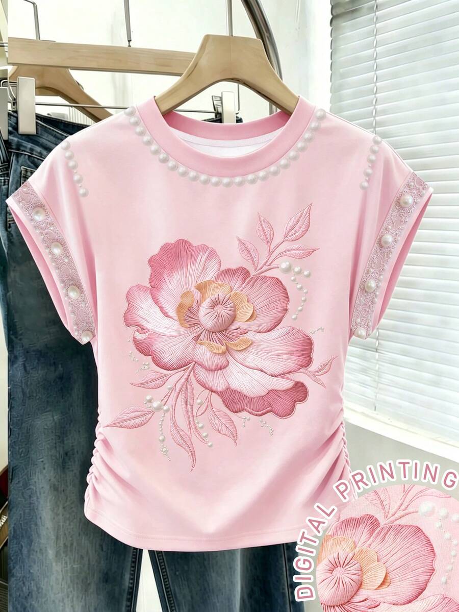 Resyla Áo thun nữ mùa hè màu hồng, kiểu dáng thường ngày, in họa tiết hoa và đính ngọc trai giả, thanh lịch, phù hợp cho công sở và kỳ nghỉ, có phần eo được thắt gọn. - Nhiều màu - Xem 1