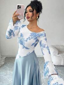 Modelyn Women's Autumn Brown Sexy Asymmetrical Shoulder Mesh Embroidered Long Sleeve High Waist A-Line Dress - Blue and White - View 5