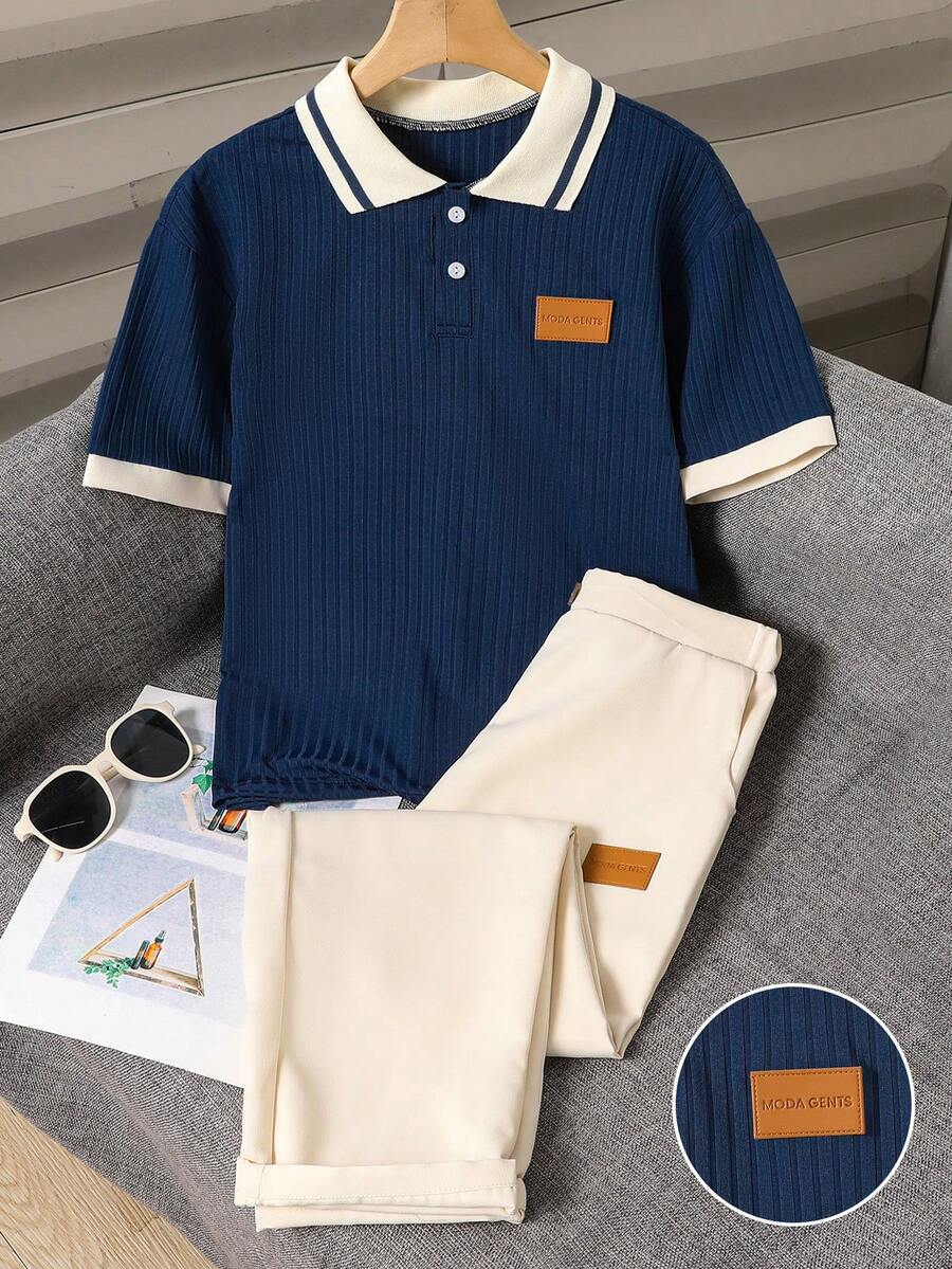 SHEIN 两件套青少年男童绅士套装,短袖Polo衫+长裤,优雅正式的生日派对、婚礼、周年纪念、毕业典礼等场合适用。 - 藏蓝色 - 查看 1