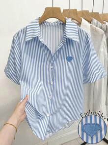 Resyla Women's Striped Print Heart Embroidery Casual Short Sleeve Shirt - Blue and White - View 1