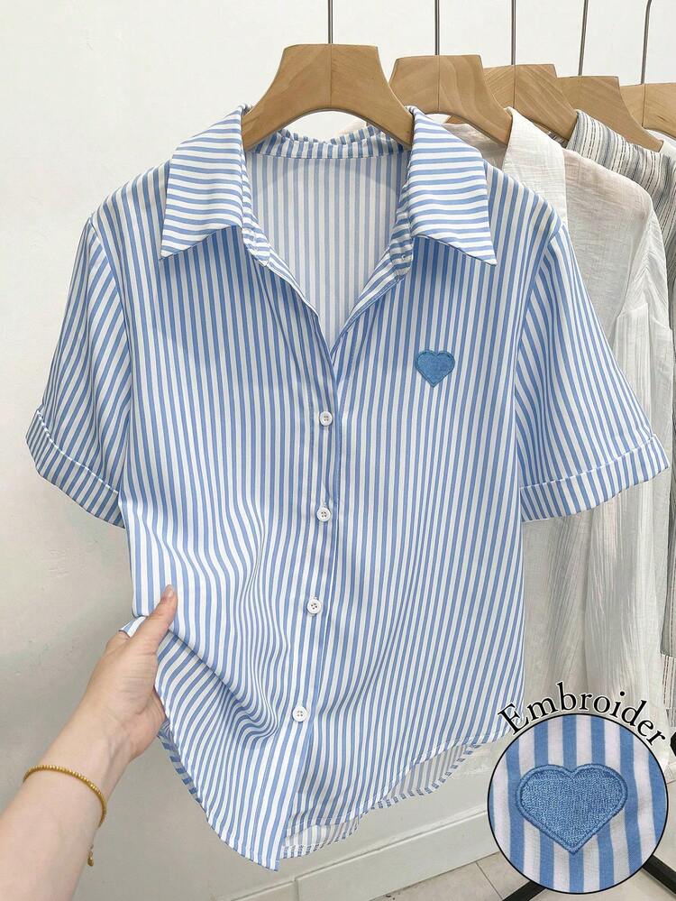 Resyla Women's Striped Print Heart Embroidery Casual Short Sleeve Shirt - Blue and White - View 1