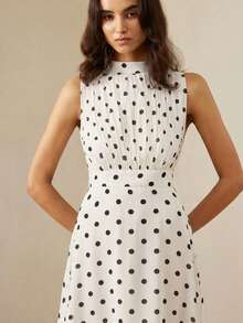 Aveloria Rosie Đầm không tay bằng vải chiffon phối màu chấm bi thanh lịch, thiết kế xếp ly phía trước, thắt eo, phù hợp cho mặc hàng ngày và đi nghỉ mát. - trắng - Xem 6