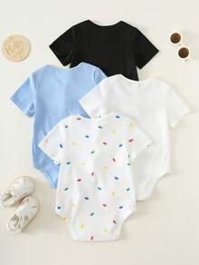 SHEIN Bộ 4 món áo liền quần tay ngắn kẻ sọc co giãn dễ thương cho bé trai/bé gái, áo bodysuit cơ bản, thích hợp cho mùa xuân/hè. - Nhiều màu - Xem 2