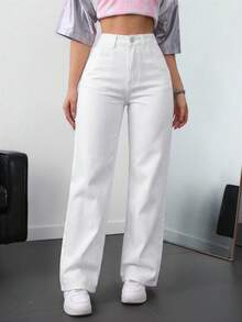 Jeans droits en coton 100% de couleur unie pour femmes - Blanc - Voir 1