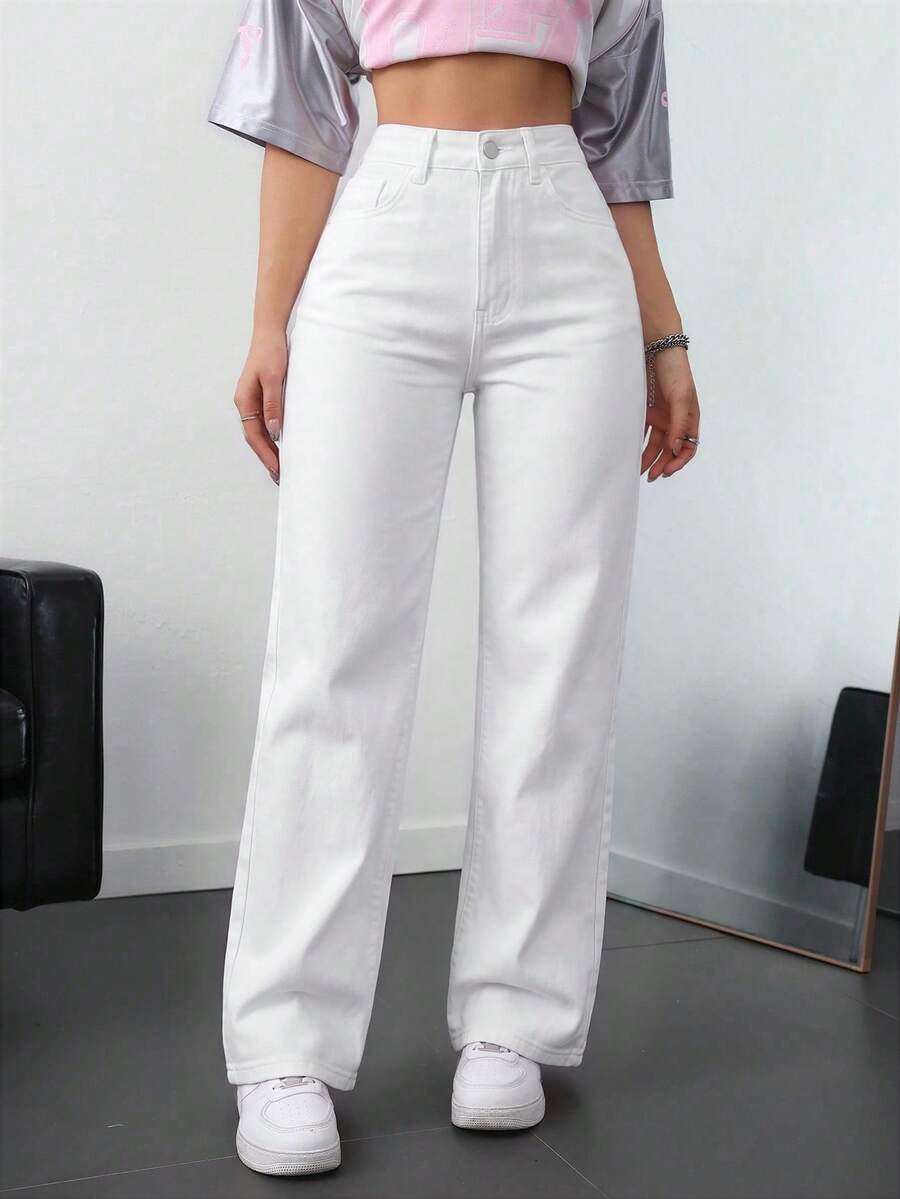 Jeans droits en coton 100% de couleur unie pour femmes - Blanc - Voir 1