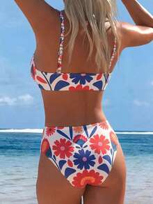 SHEIN Swim Lushore Bộ bikini hai mảnh in họa tiết mùa hè dành cho nữ, kiểu quây ngực, cạp cao. - Nhiều màu - Xem 4
