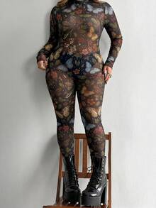 Bộ jumpsuit lưới in họa tiết phong cách Gothic Punk cổ tròn mới, dành cho nữ cỡ lớn của Whyspr-D, thích hợp mặc hàng ngày, đi làm, dự lễ Tạ ơn, các dịp lễ, tiệc sinh nhật, lễ hội âm nhạc, ngày Valentine, mùa xuân/hè. - Nhiều màu - Xem 1