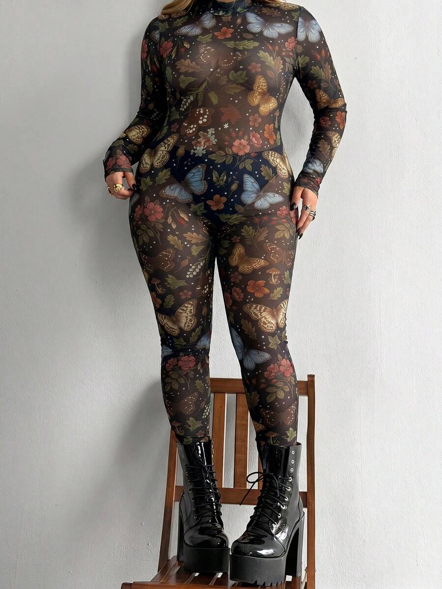 Bộ jumpsuit lưới in họa tiết phong cách Gothic Punk cổ tròn mới, dành cho nữ cỡ lớn của Whyspr-D, thích hợp mặc hàng ngày, đi làm, dự lễ Tạ ơn, các dịp lễ, tiệc sinh nhật, lễ hội âm nhạc, ngày Valentine, mùa xuân/hè. - Nhiều màu - Xem 1