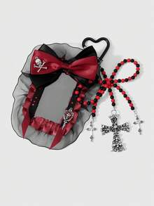 ROMWE Goth 1個Y2K復古個性化黑紅配色珠飾磨砂蝴蝶結骷髏十字架魔鏡閃亮愛心水鑽網格卡套DIY鑰匙圈包包吊飾 - 黑紅 - 查看 1