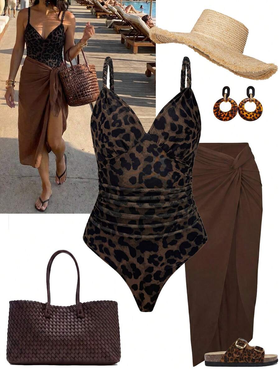 Ellevyn Body con cuello en V de malla con estampado de leopardo y drapeado - Caqui - Ver 1