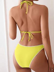 Swim Basics 女士夏季沙滩度假撞色鲨鱼齿露背系带比基尼套装 - 黃色 - 查看 2