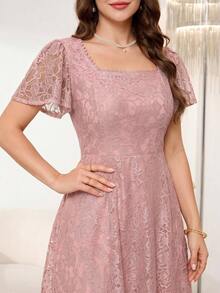 Amorya Abito elegante da donna rosa polveroso in pizzo con colletto quadrato e maniche a volant, lunghezza media, per matrimonio estivo, invitata Ninang, festa nuziale, cerimonia di laurea - Rosa antico - Visualizzare 5