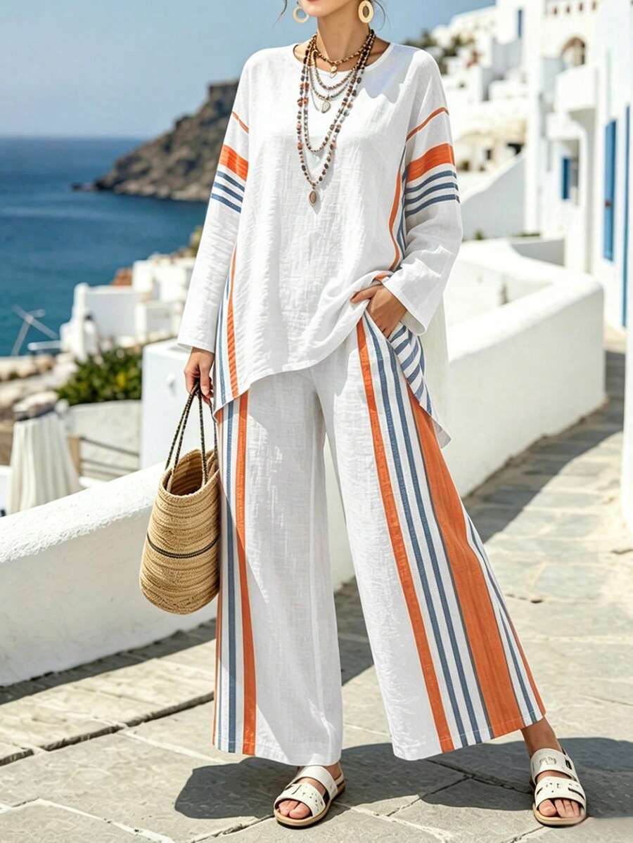 橙蓝条纹印花加大码女装套装，春季时尚圆领长袖短款前短后长宽松上衣和裤子两件套 - 彩色 - 查看 1