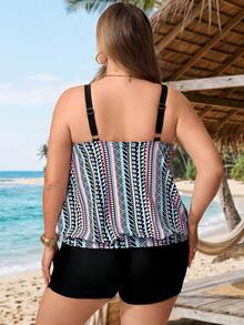 SHEIN CURVE+ 2026新款加大码女式两件套，复古抽象几何印花，黑色吊带露脐上衣和短裤，优雅休闲的挂脖比基尼，适合夏季海滩度假 - 黑色 - 查看 2