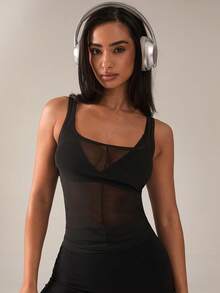 SHEIN BAE 女士休闲运动透视露背背心 - 黑色 - 查看 6