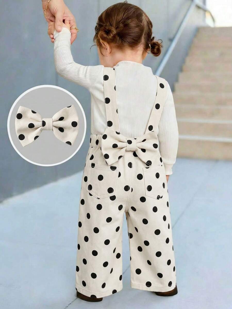 Baby Girls' Cow Print Denim Overalls With Oversized Bow Decor, Loose Fit - Beige - View 1