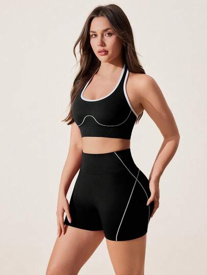 SHEIN Core Rhythm Bộ đồ thể thao nữ màu đen không đường may, cổ yếm, không tay, mềm mại và thoải mái, phù hợp cho tập luyện, chạy bộ, mặc thường ngày và tập yoga.