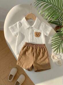SHEIN Playful Pals 2件組 嬰幼兒男童女童可愛白色小熊短袖棉質上衣 + 素色短褲套裝 夏季度假休閒時尚服飾 - 彩色 - 查看 5