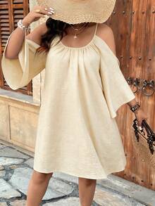 Weeklong Plus Size Round Neck Ruched Pleated Split Flare 3/4 Sleeve Casual A-Line Dress - Apricot - View 7