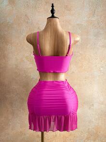 Mistrie Women's Summer Beach Vacation Style Solid Color Knot Asymmetrical Hem Cami Top And Pleated Ruffle Hem Skirt 2-Piece Set - Hot Pink - View 2