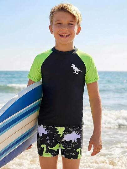 Tween Boy Casual Slim Fit Round Neck Short Sleeve Swimsuit Set, Suitable For Summer, Playful, Style, Classic Color Blocking, Dinosaur Pattern, Suitable For Surfing, Beach Vacation, Swimming