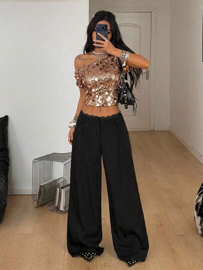 Coolane Women's Summer Party Date Night Vacation Outfits Music Festival Stretchy Glitter Sequin Off Shoulder Brown Tops,Summer Top