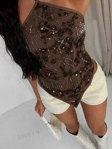 SHEIN Glamour Women's Sleeveless Sequin Sexy Beach Vacation Top Western - Coffee Brown - View 1