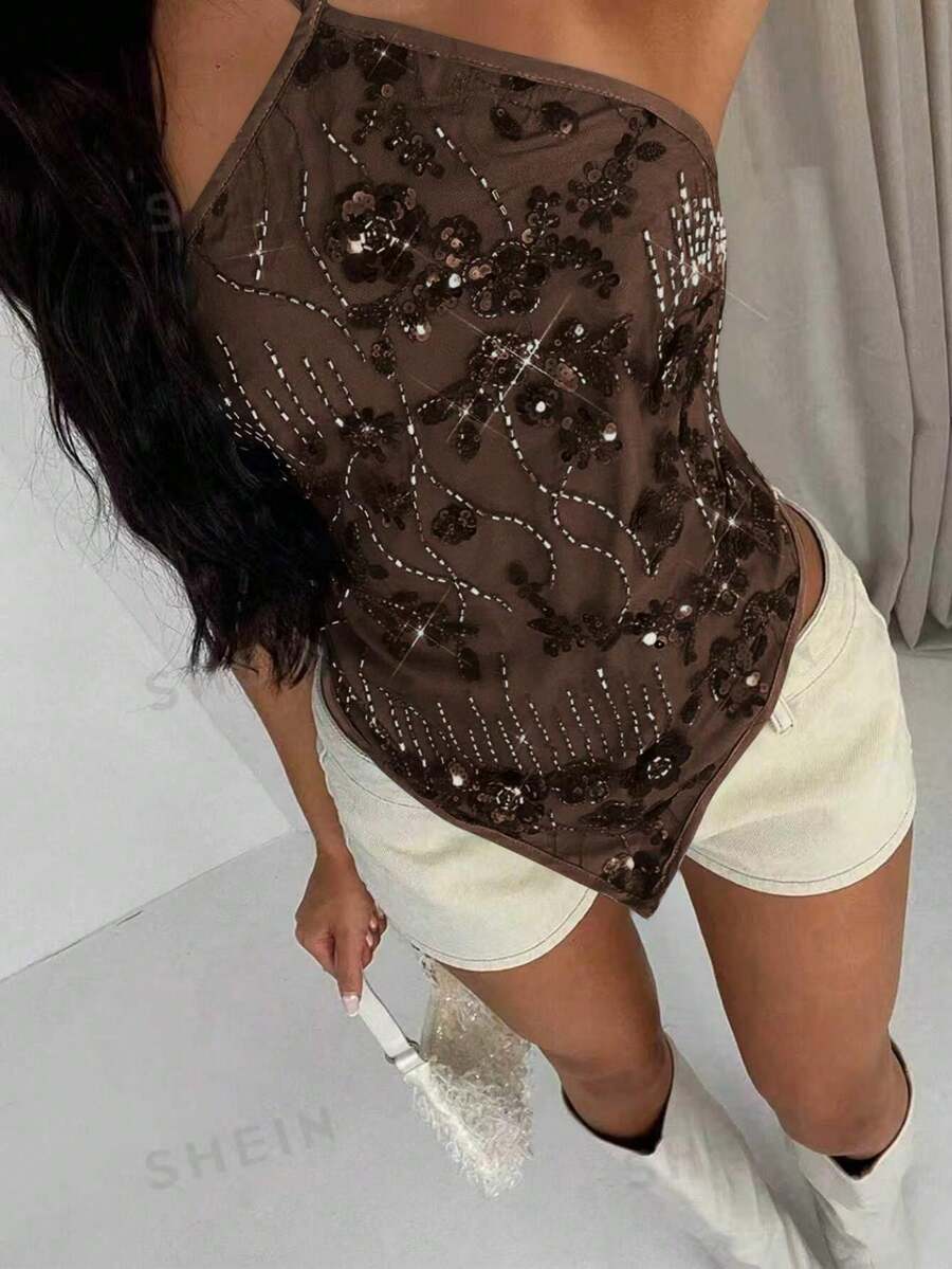 SHEIN Glamour Women's Sleeveless Sequin Sexy Beach Vacation Top Western - Coffee Brown - View 1