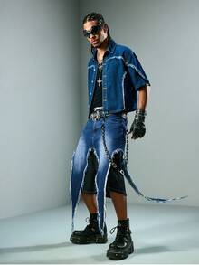 ROMWE MEN Street Life Quần short denim nam phong cách thường ngày, rách eo, không kèm thắt lưng. - Màu xanh lam - Xem 7