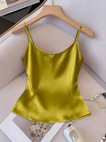 Women's Shiny Woven Fabric Sleeveless Slim Fit Vest, Suitable For Daily Wear And Layering, Spring/Autumn/Winter - Green - View 2
