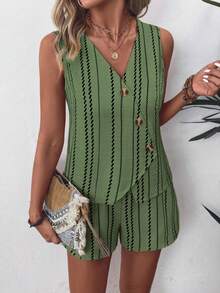 EMERY ROSE Ladies Weave A Casual Striped Summer Two Pieces Set - Green - View 3