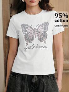 Anewsta Camiseta feminina casual de manga curta com estampa de borboleta e letra em strass, perfeita para férias e deslocamentos diários. Confortável, minimalista e versátil. - Branco - Ver 6