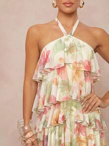 Lumalex Summer Floral Print Strapless Spaghetti Strap Multi-Layer Irregular Exaggerated Ruffle Hem Beach-To-Gala Versatility: Quiet Luxury Meets Party Flair - Multicolor - View 5