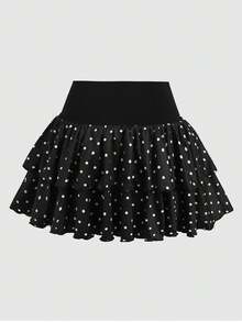 SHEIN 少女休闲、运动、校园、返校季，黑色短裤搭配荷叶边层叠裙摆，百搭半身裙，短裙，春夏，清爽，基础款，日常，运动时尚夏季，返校季，校服，黑色波点拼接 - 黑色 - 查看 4