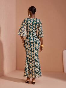 JIAN LASALA All-Over Print Mesh Women Bodycon Maxi Dress V Neck - Multicolor - View 2