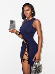 SHEIN BamGlam Đầm ôm dáng gợi cảm phong cách nghỉ mát dành cho nữ, phối màu tương phản, buộc dây, xẻ tà cao, thích hợp cho mùa hè. - Màu xanh hải quân - Xem 6