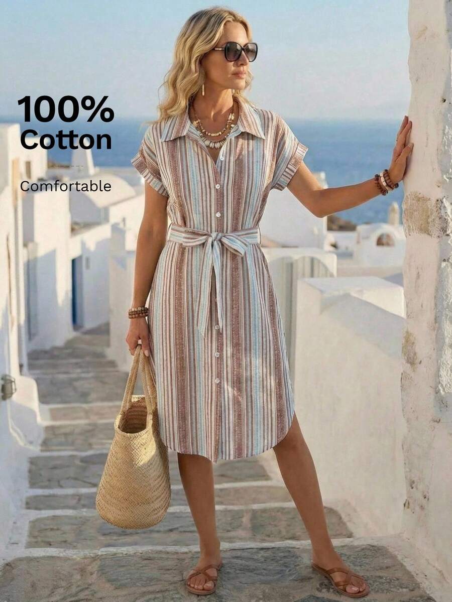 EMERY ROSE Women's Casual Striped Front Button Belted Mid-Length Dress,Summer Dresses For Women - Multicolor - View 1
