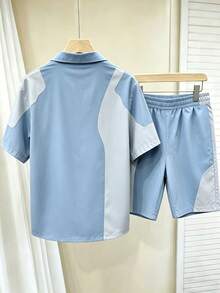 Chillumni Men's High-End Blue & White Contrast Color Splice Silk Blend Casual H-Logo Shirt Set - Multicolor - View 2