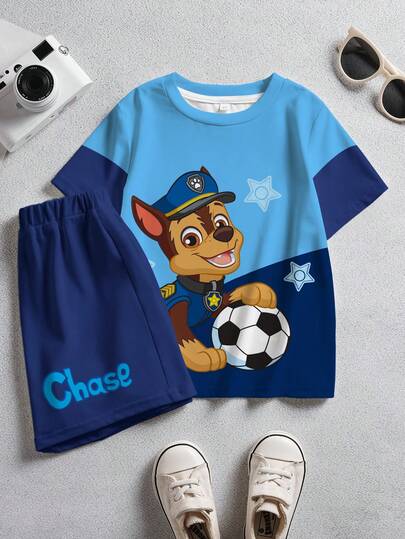 SHEIN | PAW Patrol 男童夏季休闲运动日常通勤趣味卡通狗和足球印花撞色短袖T恤和短裤套装