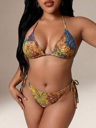 Auralis Bộ bikini gợi cảm buộc dây cổ, họa tiết hoa, dành cho nữ cỡ lớn, thích hợp mặc đi biển mùa hè.