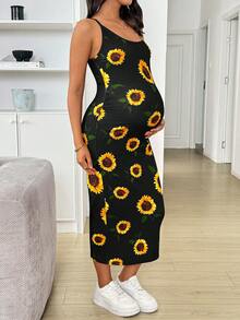 SHEIN Đầm bầu dáng ôm in họa tiết hoa hướng dương - màu đen - Xem 5