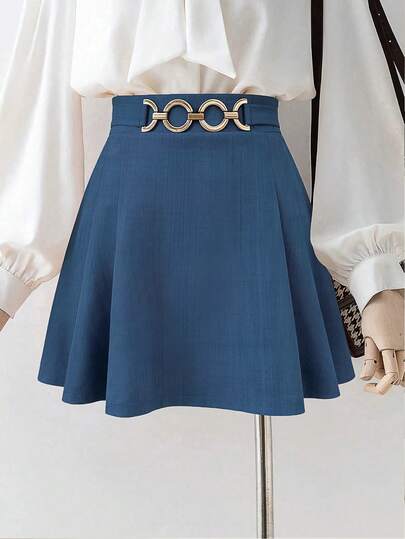 Elenzga Nueva falda elegante y versátil para mujeres jóvenes con cintura elástica decorada con anillo de metal tejido y texturizado