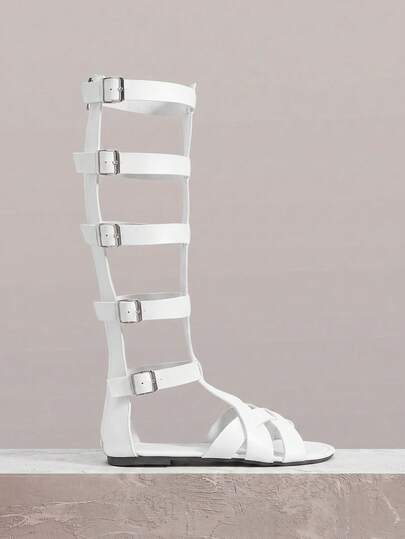 Styleloop Women's Shoes New In Spring And Summer 2025, High Buckle With Cool Boots, Rear Zipper Woven Upper Design, Round Head Flat Bottom PU Leather, White Women's Sandals, Holiday Atmosphere, Summer Wear, A Must For Travel