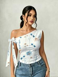 SHEIN Elenzya Áo nữ cỡ lớn tay ngắn, kiểu dáng đơn giản, in họa tiết hoa, thích hợp mặc vào mùa xuân và mùa hè. - Nhiều màu - Xem 3