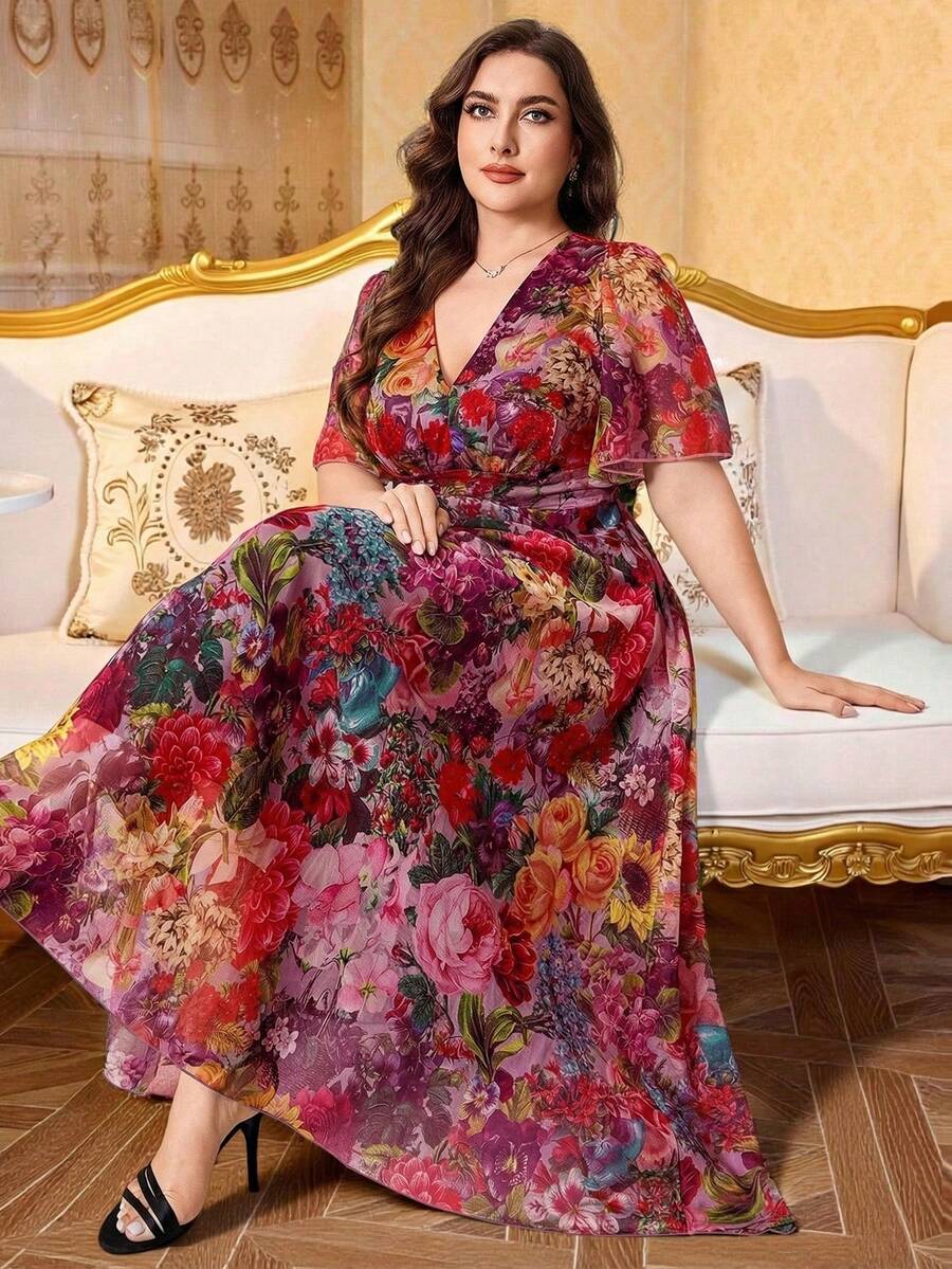 Modelyn 新款奢华优雅宽松V领短袖连衣裙 - 玫紅色 - 查看 1