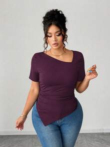 SHEIN Clasi Plus Size Women's Short Sleeve Asymmetrical Collar Design Elegant Sexy Smart Casual Slim Fit T-Shirt, Versatile For Spring/Summer Night Dark Purple - Purple - View 4