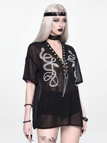 ROMWE Goth 哥特式蛇皮印花金属链系带衬衫罩衫 - 黑色 - 查看 6