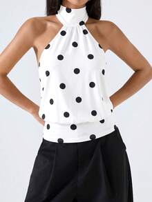 LYSMO Women's Casual Retro Halter Backless Polka Dot Print Camisole,Summer Top - White - View 4
