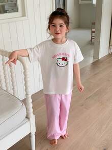Dazy Kids HELLO KITTY | DAZY 女童夏季卡通印花短袖上衣與條紋長褲睡衣套裝 - 彩色 - 查看 6